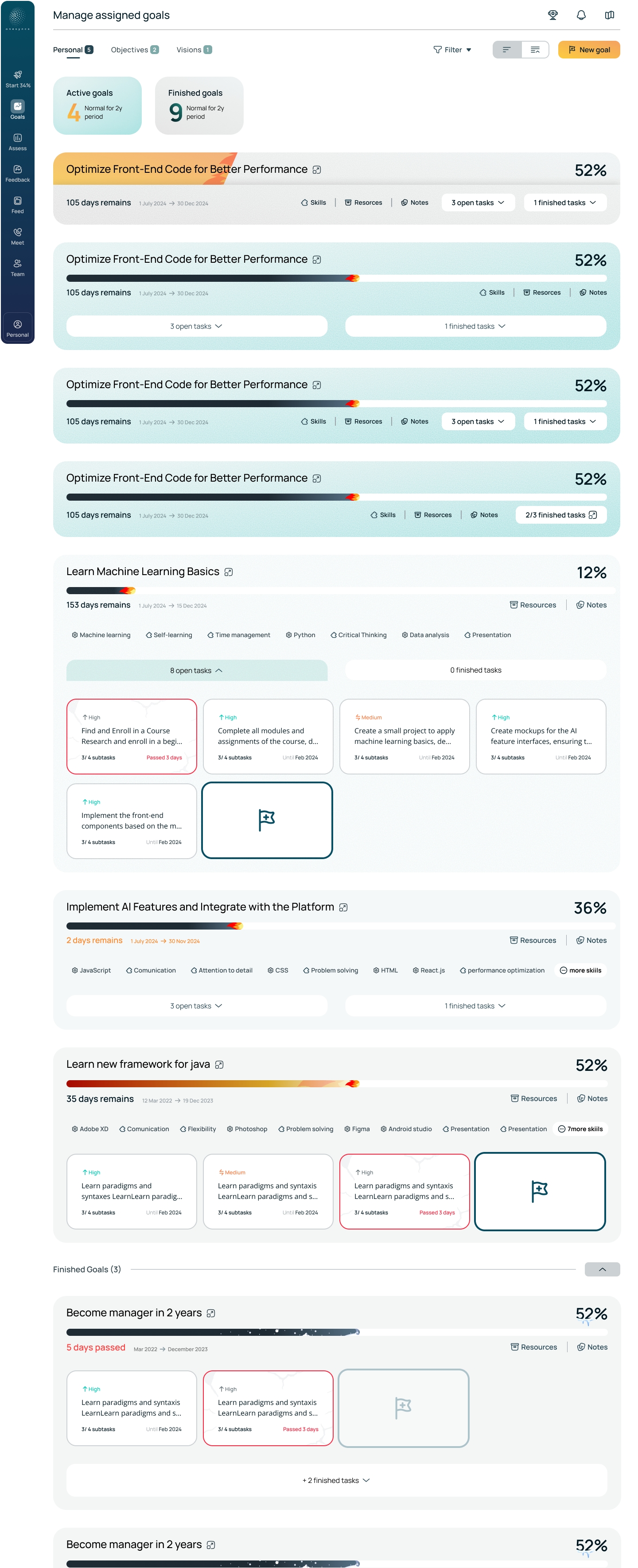 OneSyncs goal list showing progress, tasks, and completion states